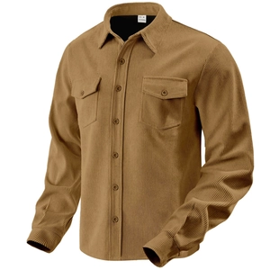 Men's khaki corduroy long sleeve shirt with classic turndown collar and flap pockets