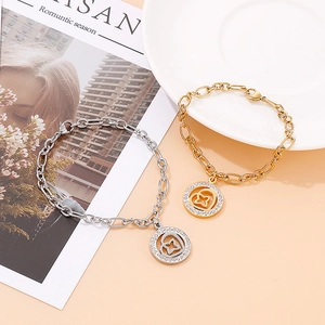 Elegant gold and silver titanium steel link bracelets with rhinestone heart pendants