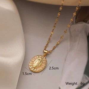 Detailed macro view of 18K gold-plated Virgin Mary pendant necklace with dimensions and weight