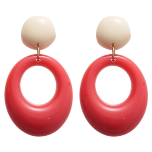 Boucles d'oreilles rétro en résine rouge et blanc crème avec anneaux dorés polis