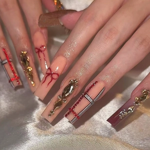 Extra Long Coffin Press On Nails Rhinestone Bow Plaid Design Glossy False Nails For Women Handmade Sweet Style