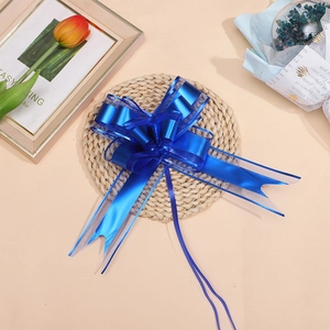 Detail of blue organza pull bow with metallic edges on a decorative woven mat