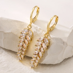 Elegant 18K gold plated leaf earrings with marquise cubic zirconia on white stone