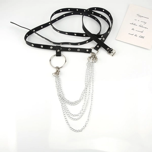 Punk black leather waist belt with silver metal rings and multi-layer chain tassels