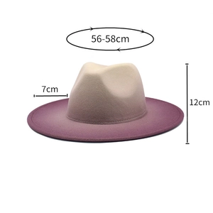 Macro shot showing dimensions 56-58cm for the beige to purple gradient wool jazz hat