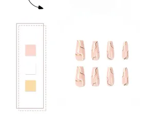 Detail of pink coffin press-on nails with white and golden wave patterns in a set of 8 pieces