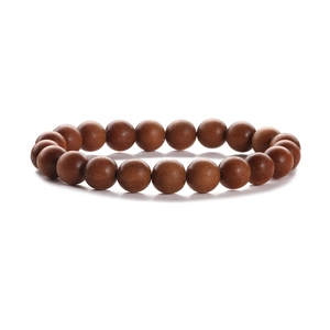 Natural 8mm wood and agate bead bracelet with tiger eye stone on a clean white background