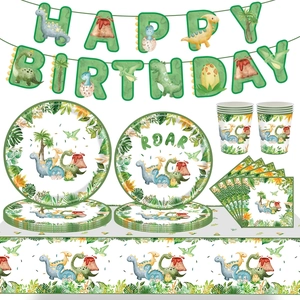 Watercolor Dinosaur Birthday Party Tableware Decorations Paper Plates Cups Napkins Tablecloth Banner For Boys Girls Green