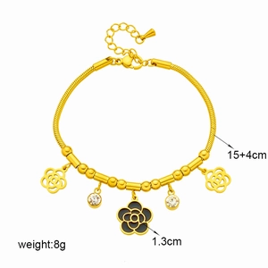 Golden snake chain bracelet with black camellia flower and sparkling rhinestone charms