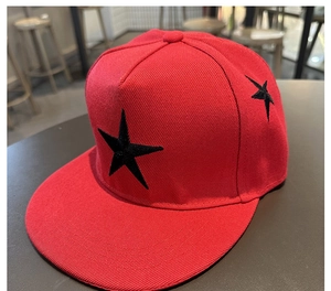 Détail de casquette rouge à bord plat avec broderie étoile noire et texture de tissu premium