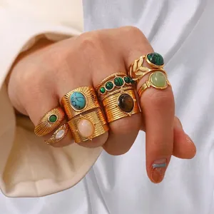 Vintage 18k gold plated stainless steel ring set with turquoise and malachite stones