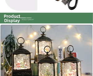 Close-up of vintage bronze Christmas lanterns with LED lights and holiday figurines