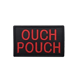 Tactical OUCH POUCH embroidered patch with red lettering on black background
