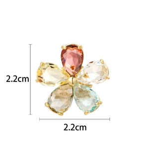 Detail showing a 2.2cm flower brooch with multi-colored teardrop crystal petals