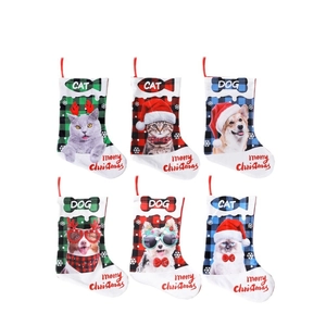 Set of 6 Christmas pet stockings with cat and dog prints on classic plaid backgrounds