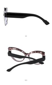 Detail view showing side and back angles of TR90 cat-eye glasses frames in purple texture