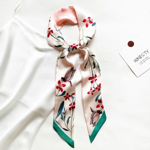 Floral butterfly print silk twilly scarf with green borders for neck or hair styling