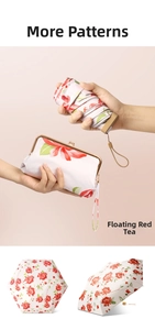 Floral UV umbrella with matching vintage clasp pouch in cream and red blossom