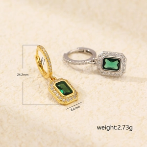 Luxurious S925 silver emerald earrings with paved diamonds in gold and silver finishes