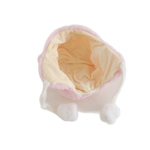 Pink winter plush earflap hat for baby girls featuring cute pom-poms and warm lining