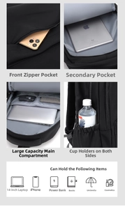 Detail view of the multi-pocket structure showing the spacious storage of the black backpack