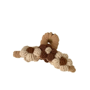 Chic beige and brown knitted flower hair claw clip for women's autumn hair styling