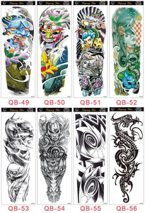Detailed catalog of 8 temporary full arm tattoos with Japanese traditional and dark fantasy motifs