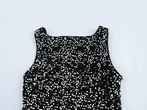 Close-up detail of silver sequins on the neckline of a black sleeveless party mini dress