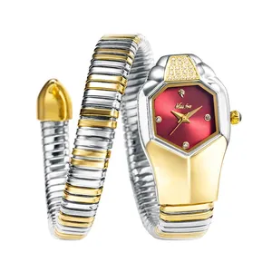 Luxury snake-shaped ladies' quartz watch with diamond-encrusted head and two-tone spiral band