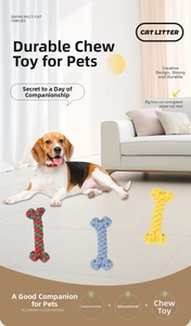 Close-up of durable cotton rope bone chew toys for dogs in three vibrant colors