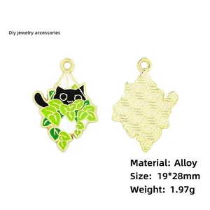 DIY black cat in leaves alloy pendant charm for necklaces and earrings, 19x28mm size