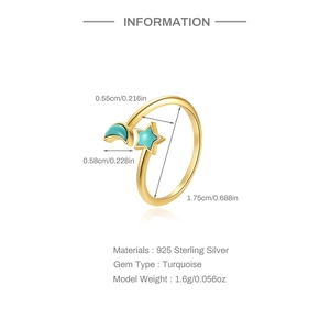 Detailed size and material information for the 925 sterling silver turquoise moon star ring