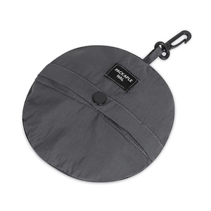 Dark grey foldable storage pouch for sun hat with a plastic hook and central snap button
