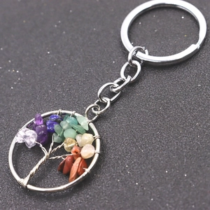 Detailed tree of life keychain featuring woven silver wire and multicolored crystal stones