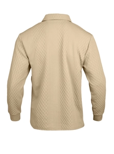 Detailed back view of men's long sleeve polo shirt showing textured diamond knit fabric