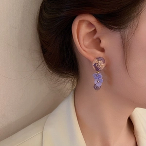 French vintage purple pearl earrings with silver needle and sparkling crystal accents