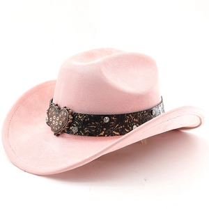 Detail of pink faux suede cowboy hat featuring rhinestone heart buckle and paisley band