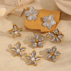 Titanium steel flower earrings with brushed texture and two-tone gold-silver finish