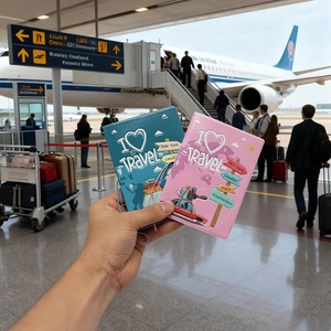 Travel passport covers in pink and blue featuring world map and car travel illustration