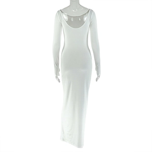 Detailed view of white long sleeve bodycon maxi dress with slim fit on mannequin