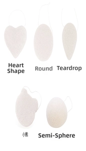 Five styles of white konjac sponges including heart and drop shapes with hanging ropes