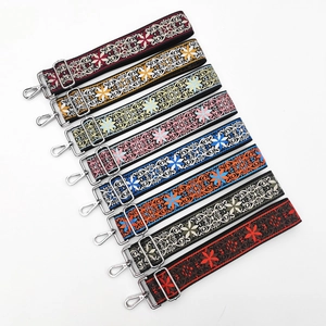 Ethnic wide embroidered shoulder strap with floral jacquard patterns and silver clips