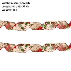 Close-up of burlap Christmas ribbon with pine cone, berry prints and red stitched edges