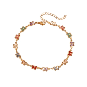 Chic gold ankle bracelet featuring colorful enamel butterfly pendants on a white background