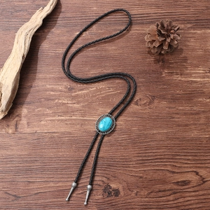 Western Bolo Tie Vintage Cowboy Necklace With Turquoise Alloy Pendant And Braided PU Leather Cord Retro Accessories