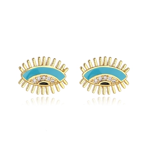 Detail view of gold-plated evil eye stud earrings with blue enamel and clear zircons