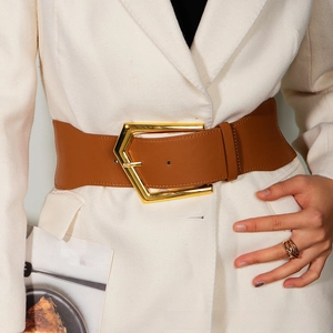 Detail of a brown elastic waist belt with a bold gold hexagonal buckle on a blazer