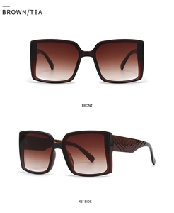 Detailed front and side views of oversized square tea brown sunglasses with gradient lenses