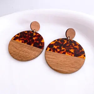 Retro circular leopard resin and wood patchwork drop earrings with sterling silver pins