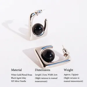 Minimalist square geometric earrings with black onyx bead in polished platinum finish